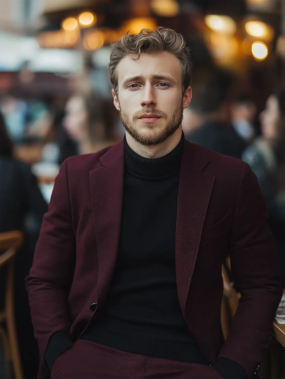A man in men's burgundy suit sitting at cafe