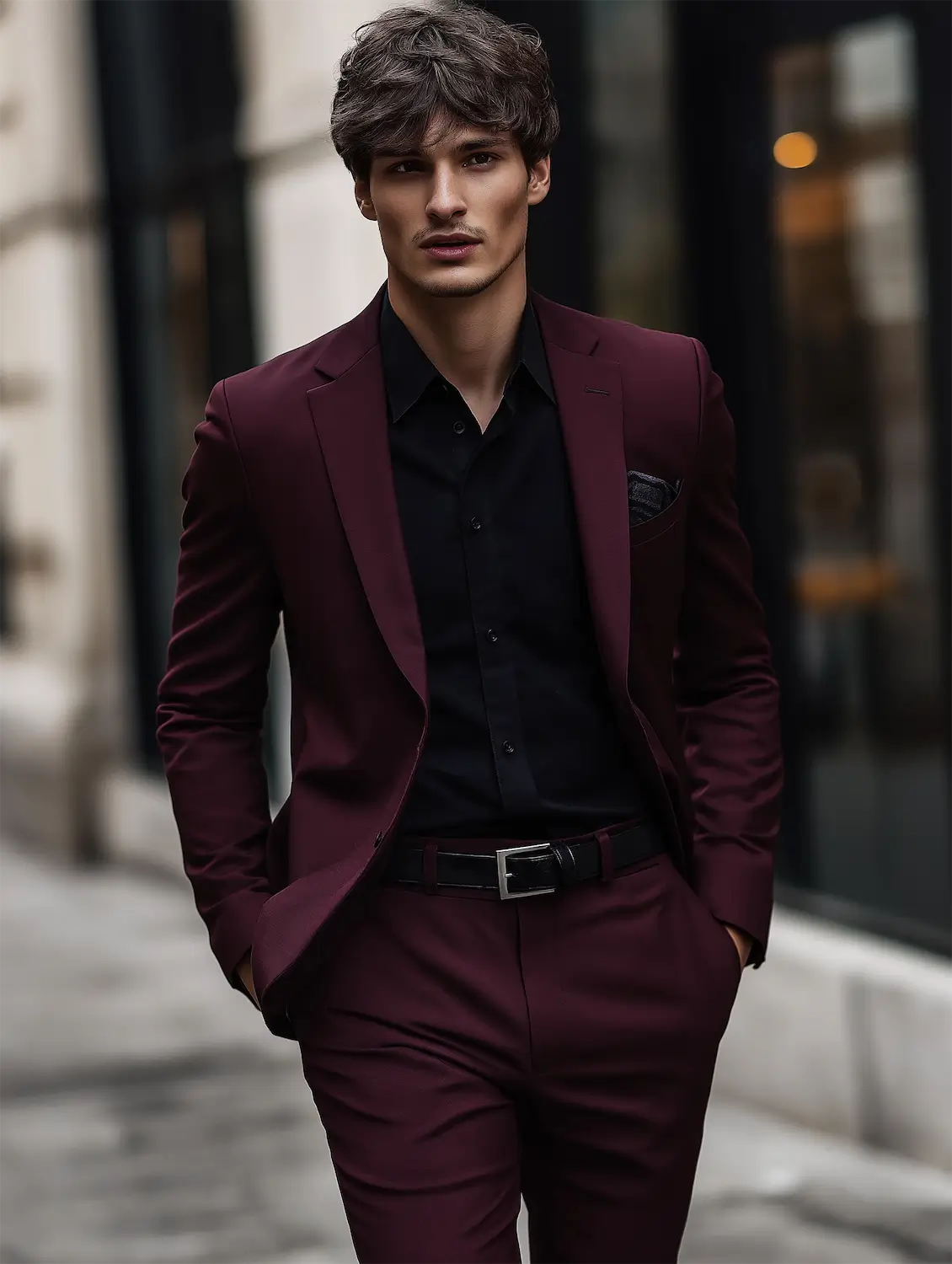 A man walking at street wearing men's black suit and white shirt
