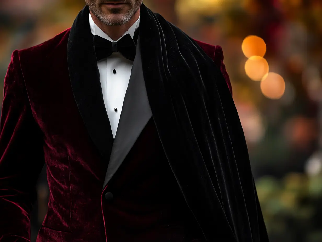 A man in red velvet shawl lapel tuxedo posing at gala
