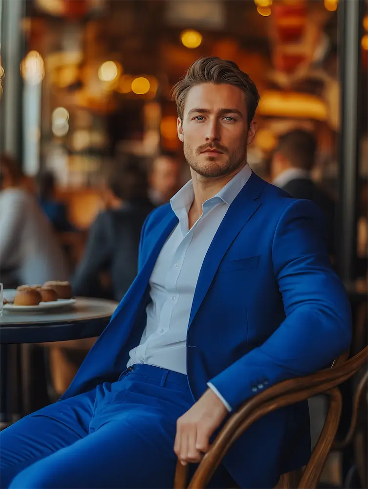 A man in royal blue suit sitting at a crowded cafe