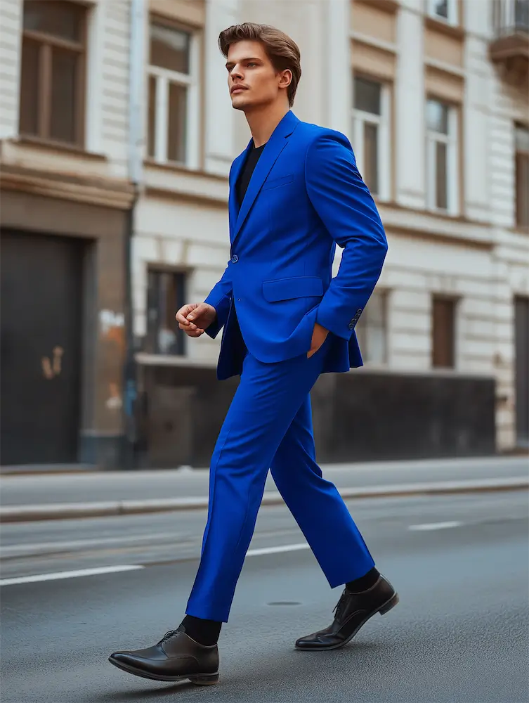 A man in royal navy suit walking on the street.