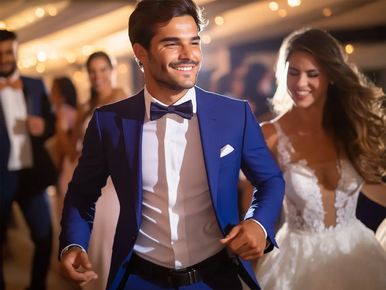 A groom in royal blue suit dancing at their wedding party