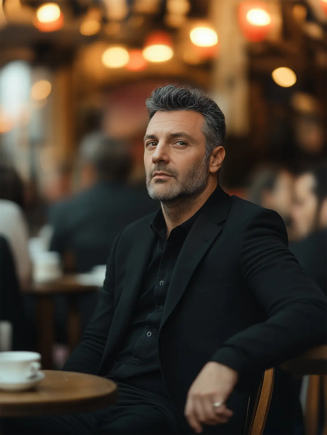 A man in men's black suit sitting at cafe