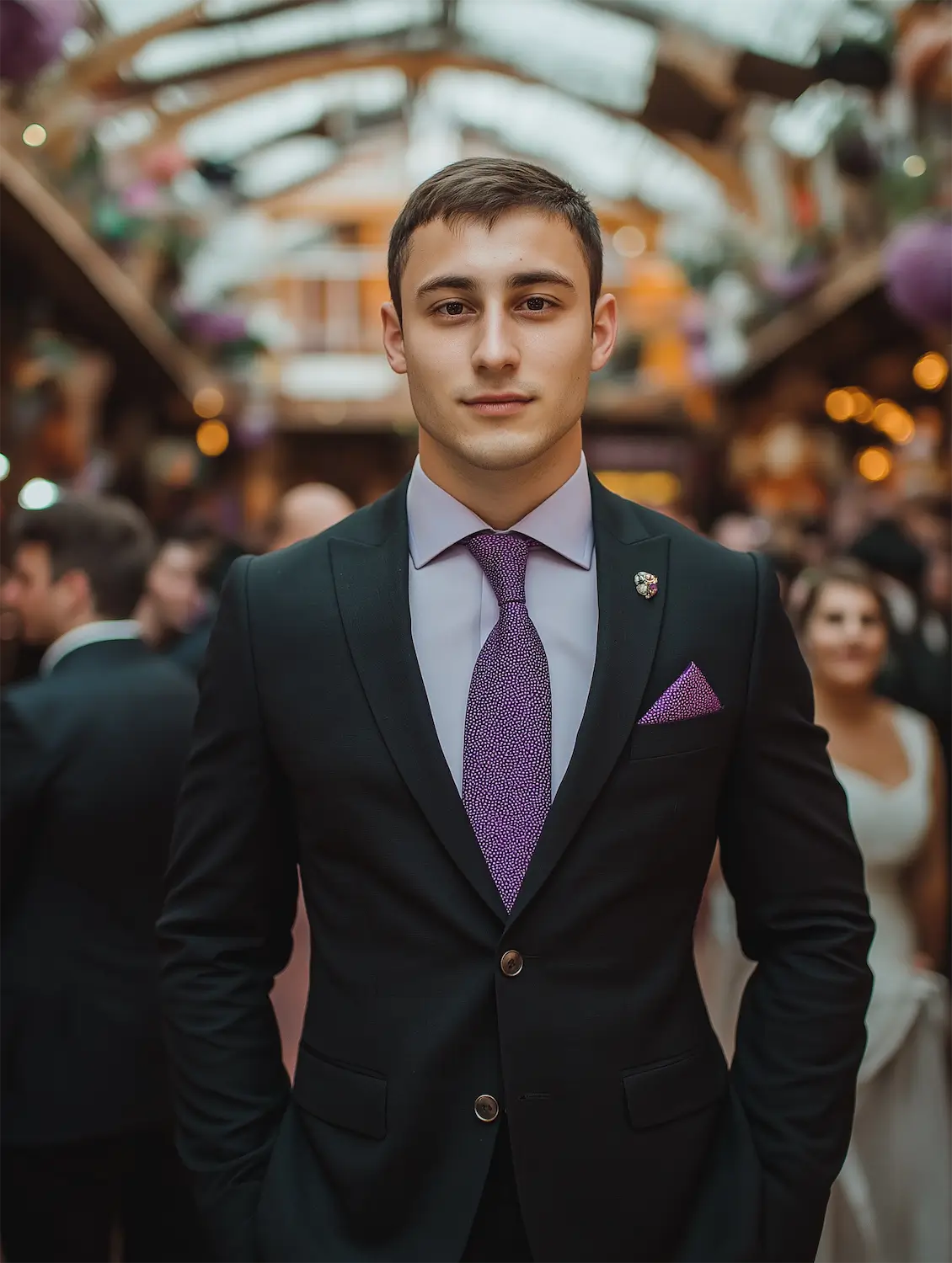 a man posing at his wedding black suit, wearing purple tie and pocket square