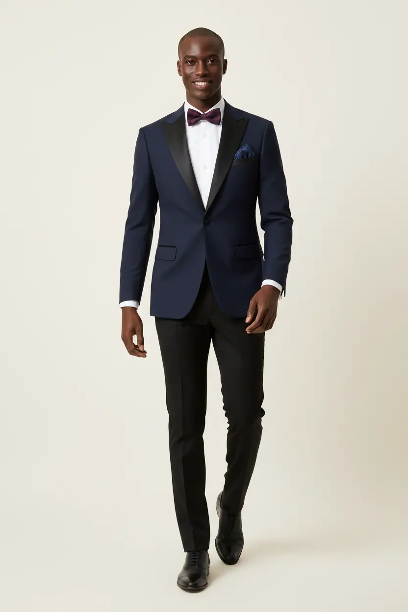Men's Ink Blue Tuxedo Black Satin Peak Lapel Image 1