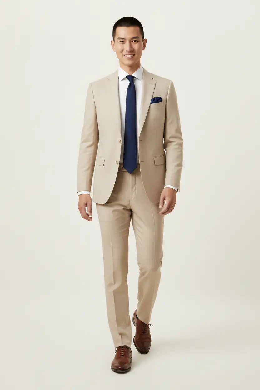 Men's Beige Suit Notch Lapel