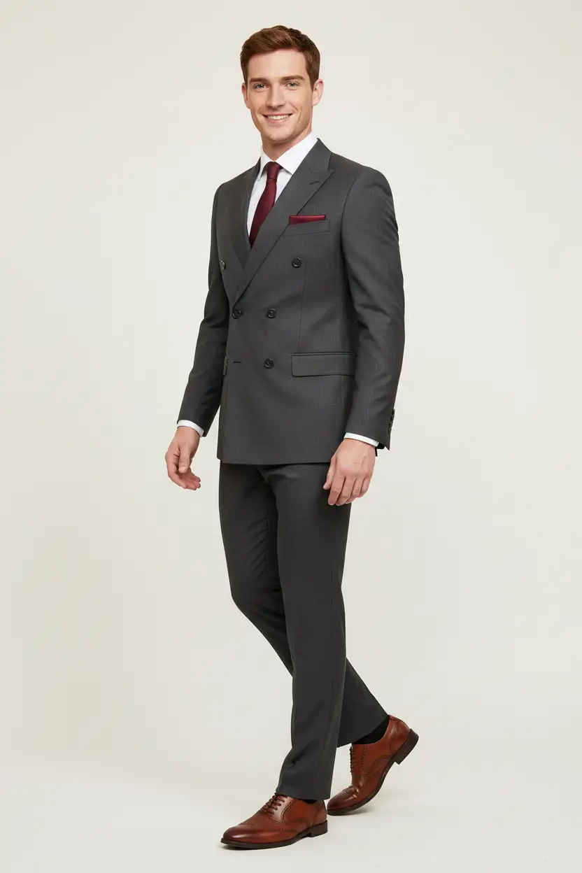 Men's Gray Double Breasted Suit Modern Fit Image 2