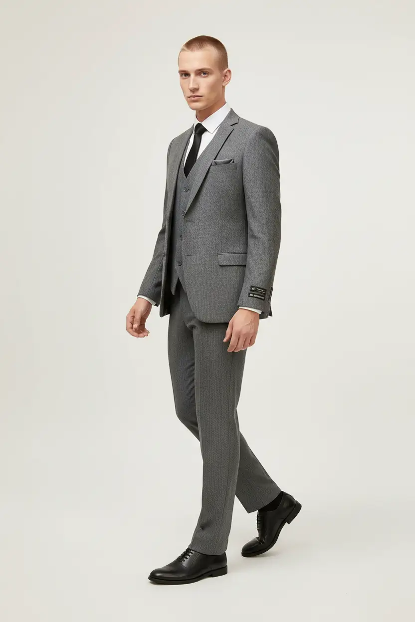 Men's Tweed Gray Vested Suit Image 2