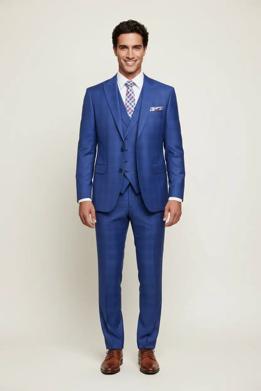 Men's Blue Vested Fine Check Suit