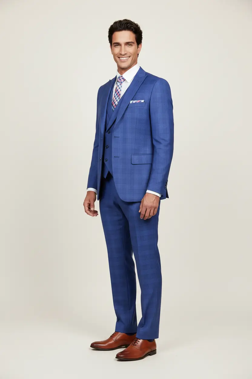 Men's Blue Vested Fine Check Suit Image 2