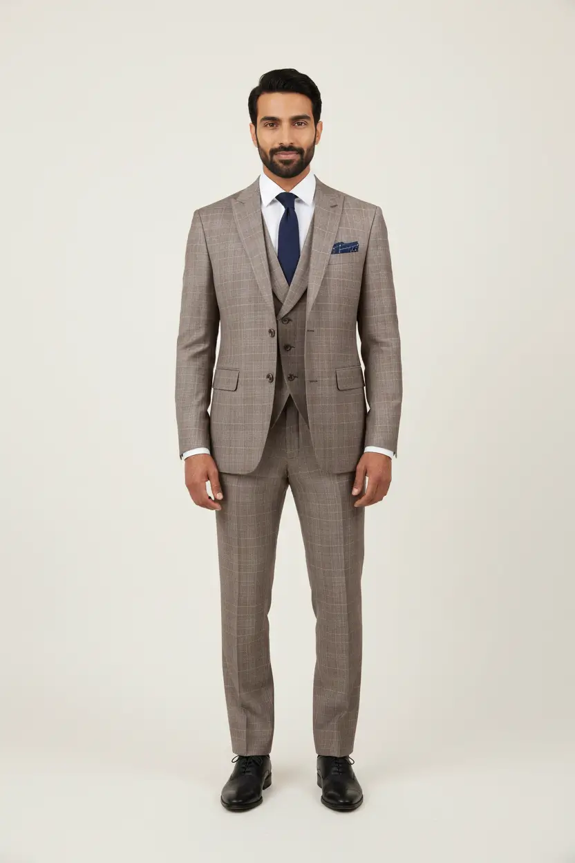 Men's Tan Suit Notch Lapel Check Pattern