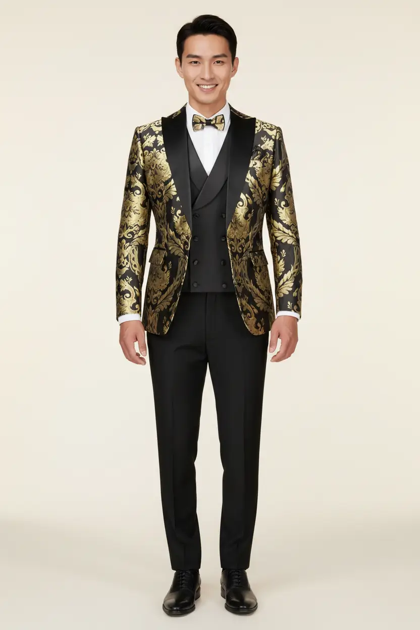 Men's Black Tuxedo Luxurious Gold Jacquard Image 1