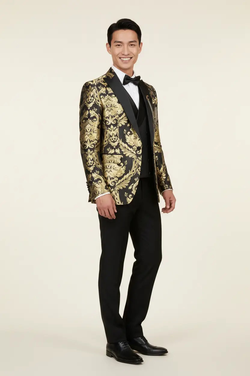 Men's Black Tuxedo Luxurious Gold Jacquard Image 2