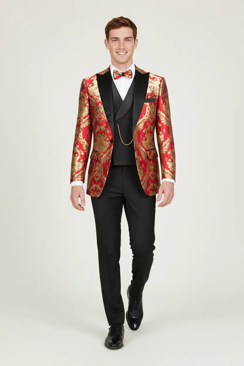 Men's Red Tuxedo Luxurious Jacquard With Gold Accents Image 1