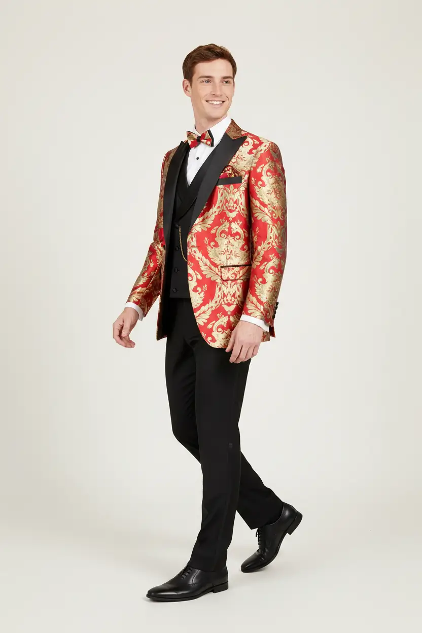 Men's Red Tuxedo Luxurious Jacquard With Gold Accents Image 2