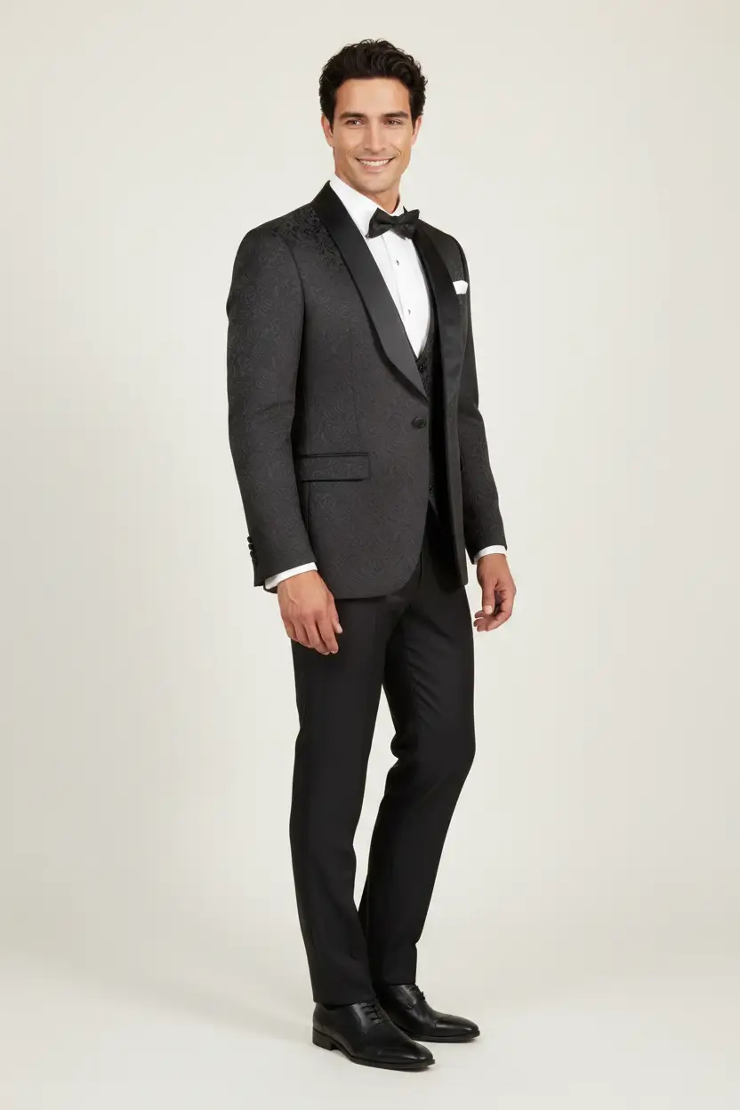 Men's Black Tuxedo Slim Fit Vested Jacquard Image 2