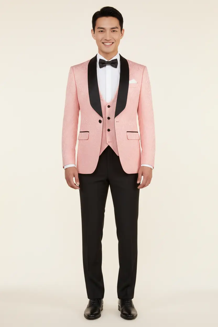 Men's Pink Tuxedo Slim Fit Vested Jacquard Image 1