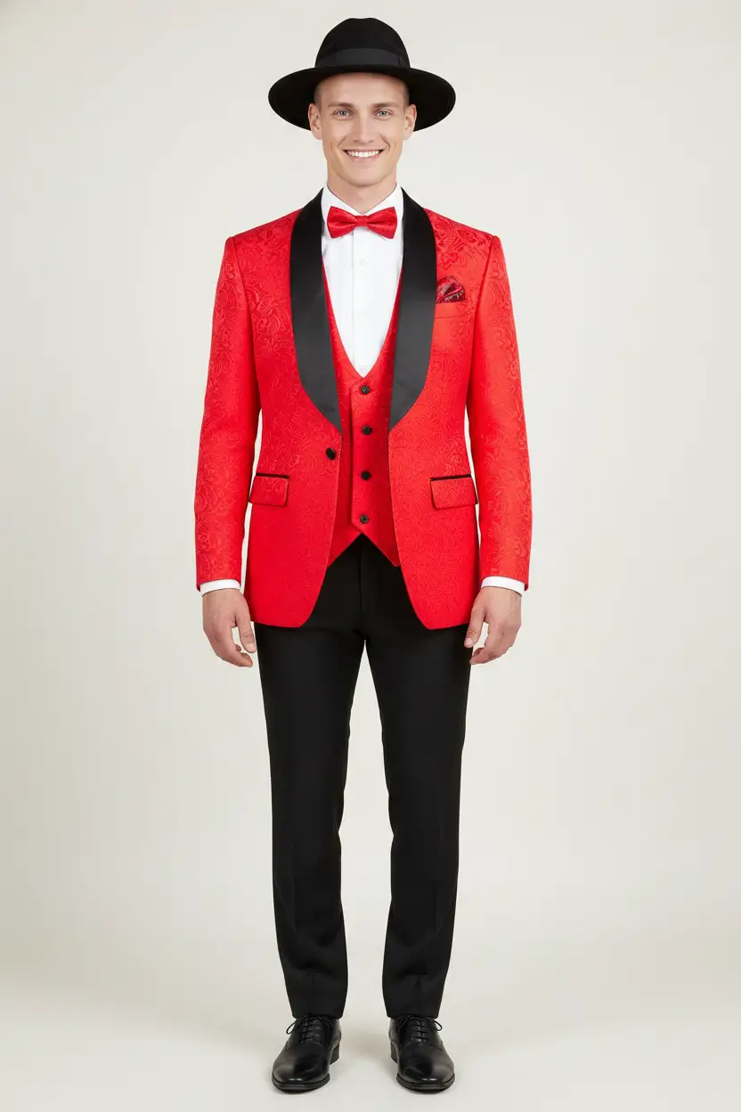 Men's Red Tuxedo Slim Fit Vested Jacquard Image 1