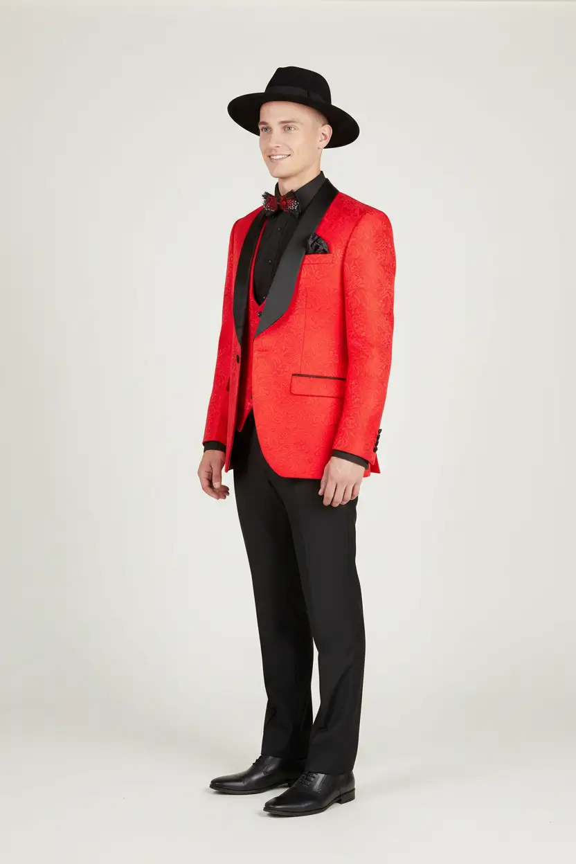 Men's Red Tuxedo Slim Fit Vested Jacquard Image 2