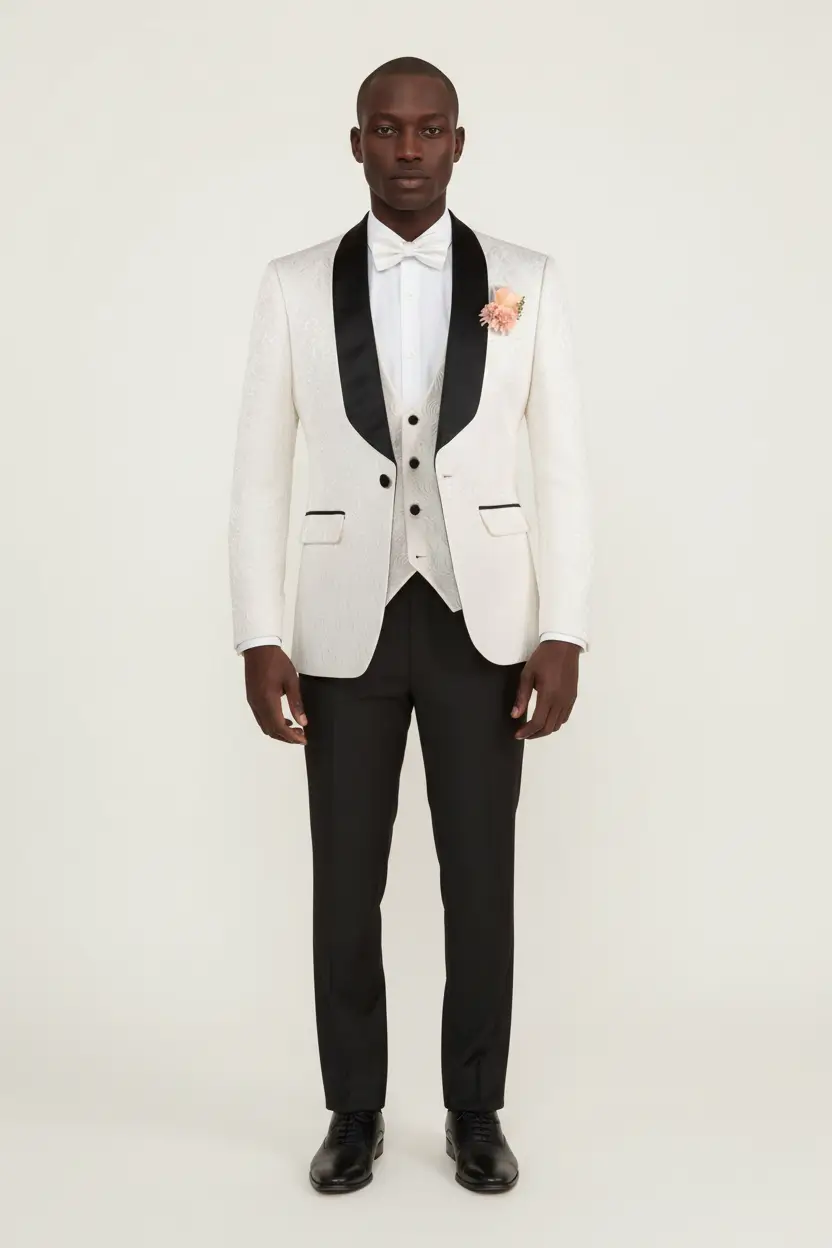 Men's White Tuxedo Slim Fit Vested Jacquard Image 1