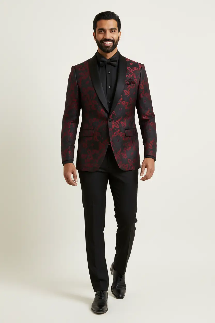 Men's Black Shawl Lapel Tuxedo Red Design Image 1