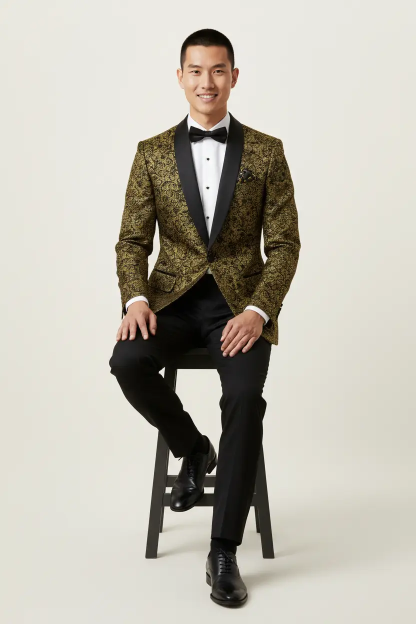 Men's Gold Tuxedo Black Design Shawl Lapel