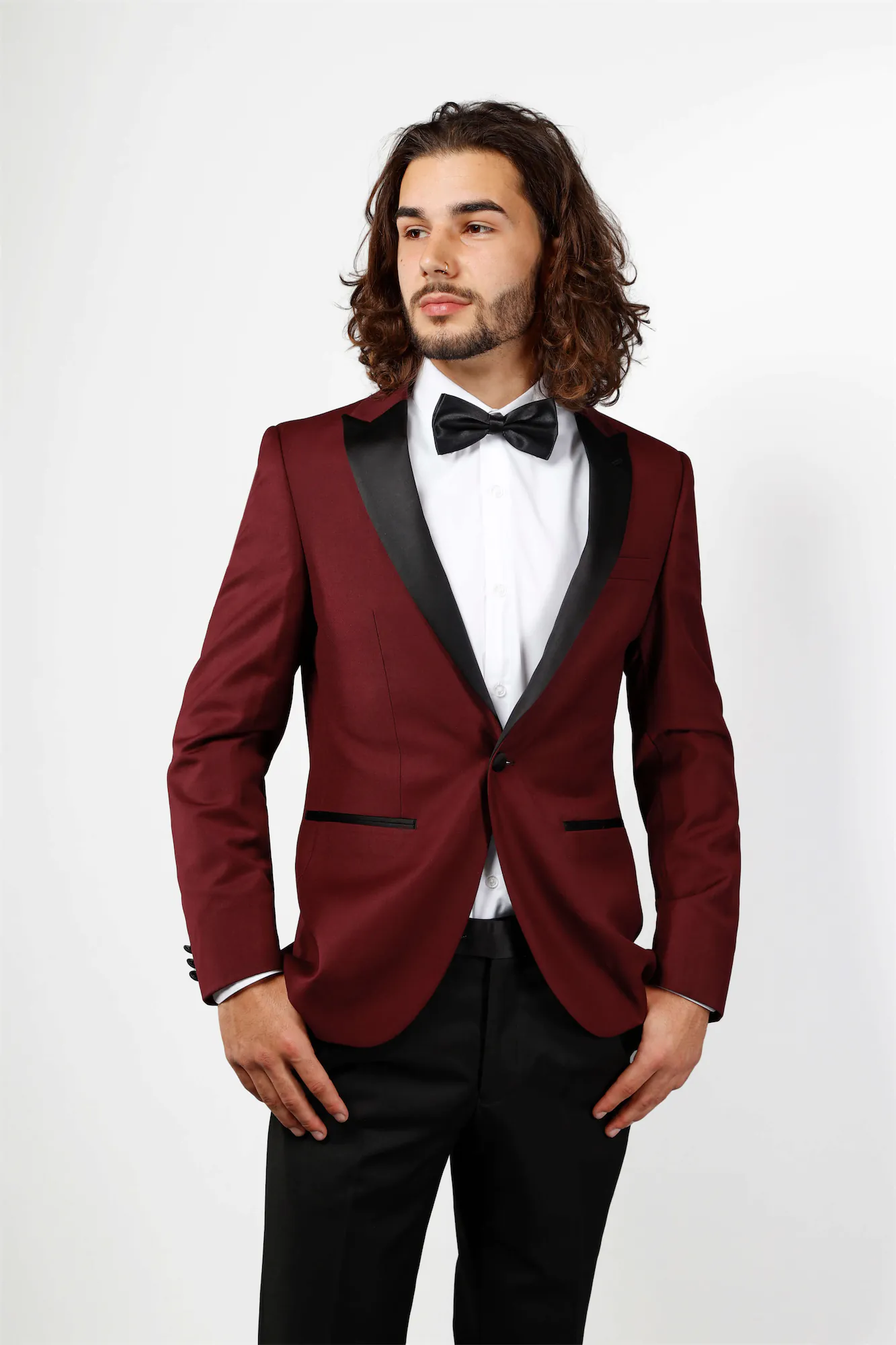 Burgundy Slim Fit 2-Piece Satin Notched Tuxedo Suit Bailey_Burg